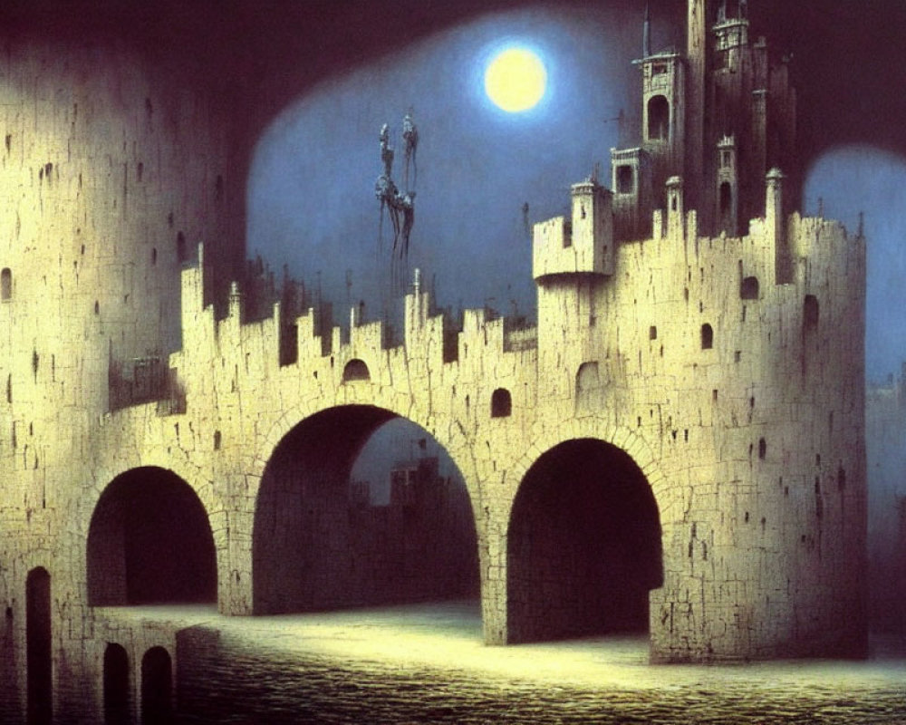 Surreal castle under moonlit night sky with figures