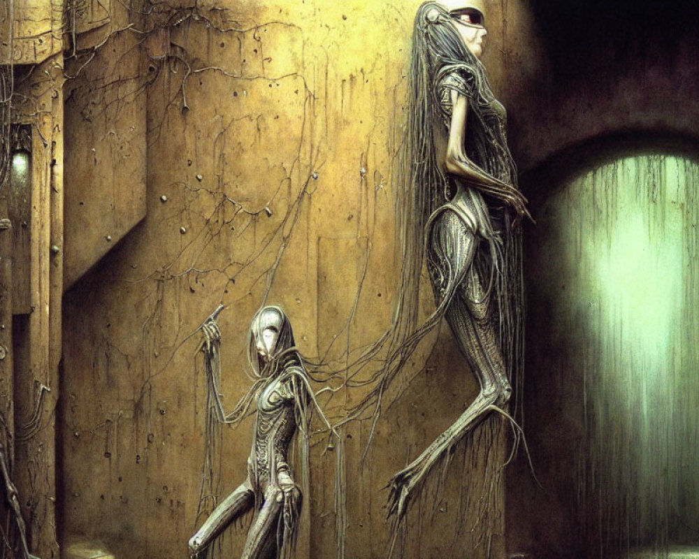 Surreal dystopian alleyway scene with slender human-like figures