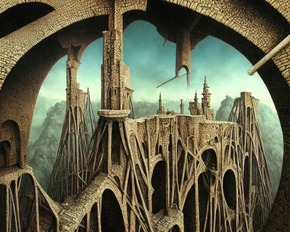 Surreal artwork of arches and staircases in a fantastical structure