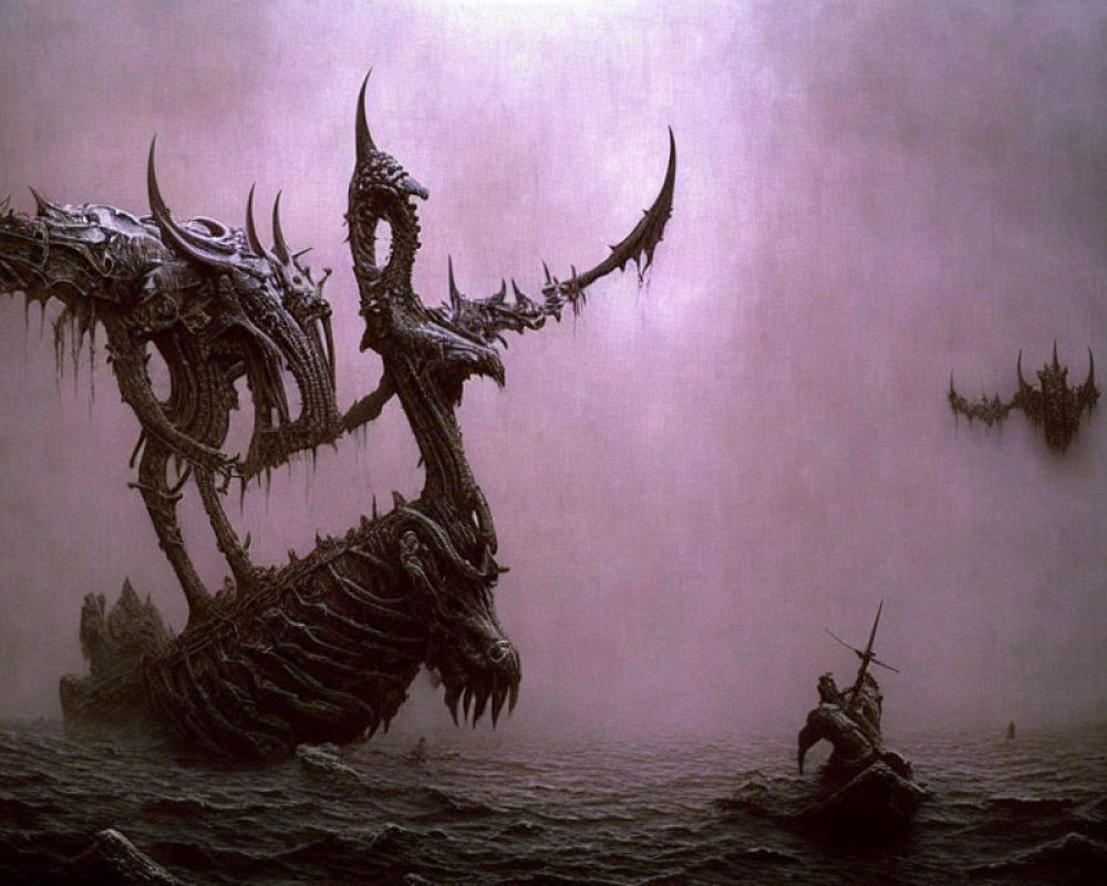 Warrior in small boat faces dark, skeletal dragon ship on misty sea