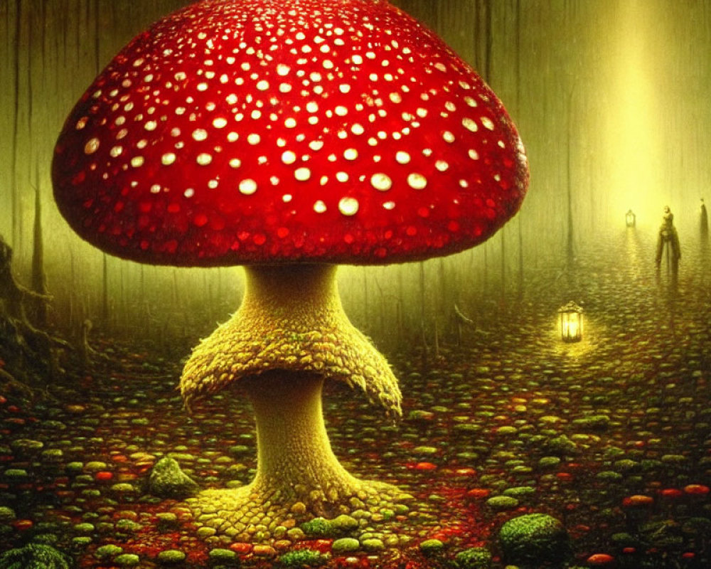 Fantasy scene: Oversized red-capped mushroom in mystical forest with glowing light and silhouet