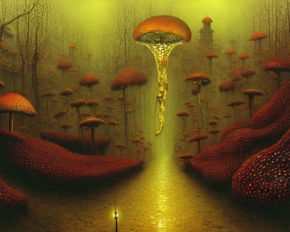 Fantastical red mushroom trees in surreal forest setting