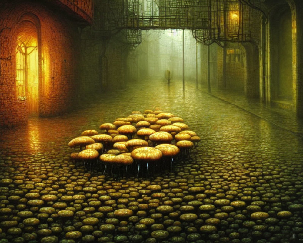 Foggy Cobblestone Street with Surreal Glowing Mushrooms