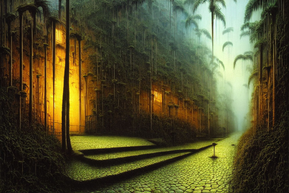 Mysterious alleyway with palm trees and foggy ambiance