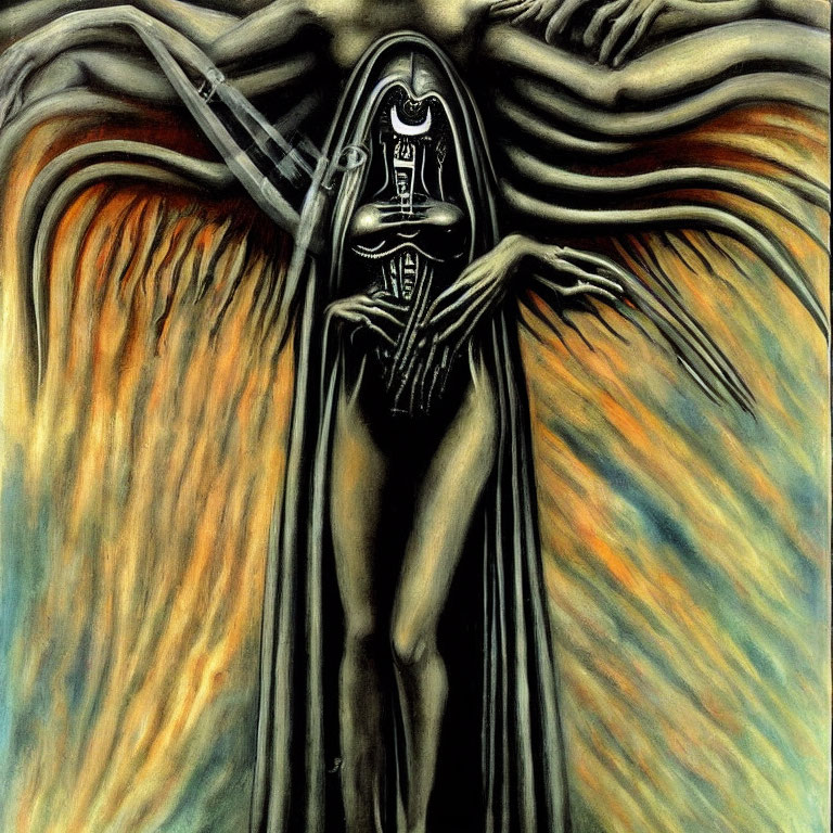 Skeletal figure in cloak with outstretched arms and flowing colors