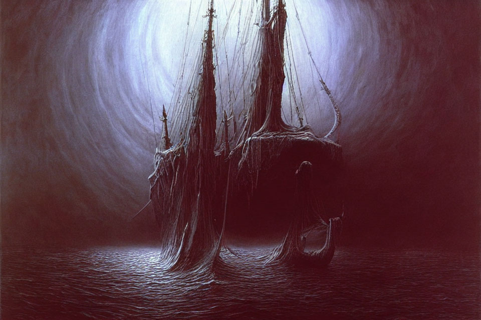 Ghostly ship with tattered sails on dark, moonlit sea