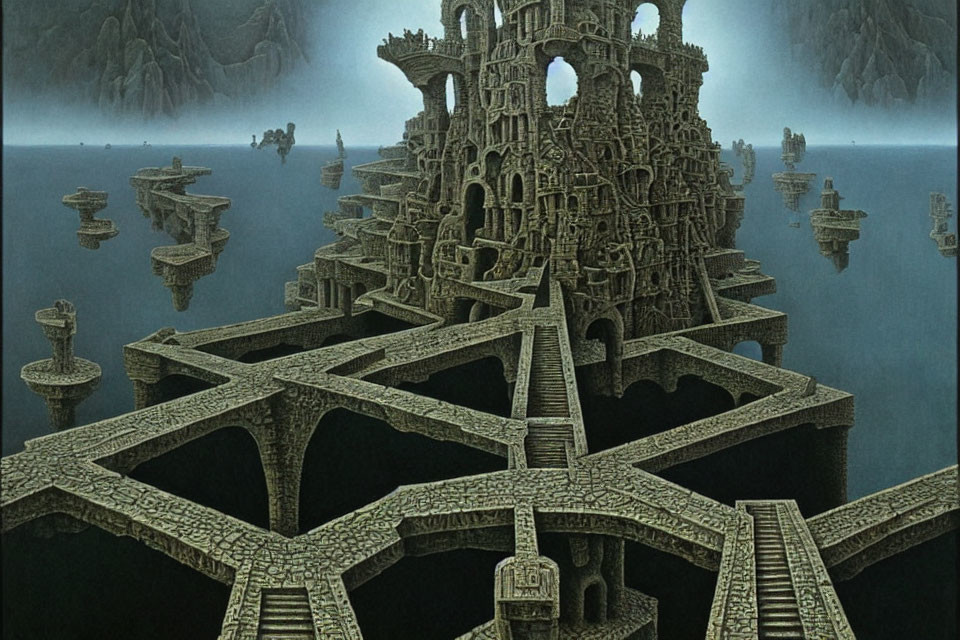 Surreal Labyrinthine Structure Above Reflective Water