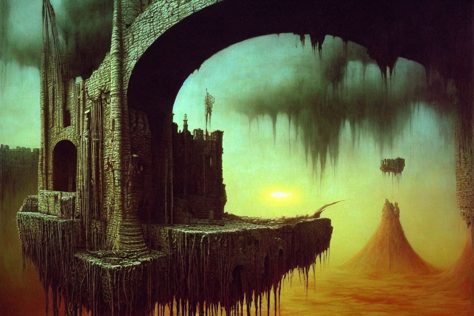 Surreal dark fantasy landscape with ruined gothic architecture and floating islands