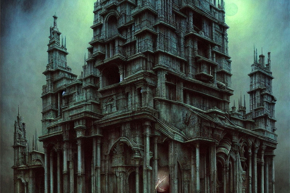 Gothic tower with intricate architecture under green-tinged sky