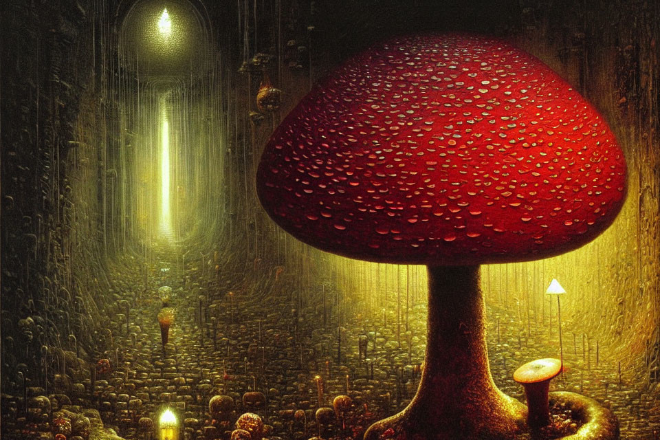 Enchanting red mushroom in mystical dimly lit corridor