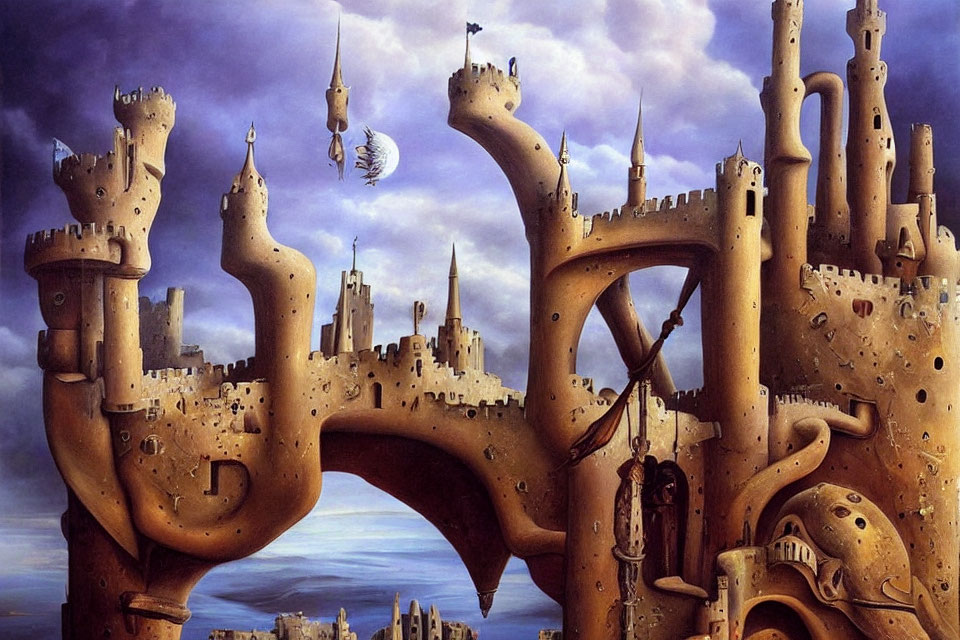 Surreal painting of castle-like structures blending into each other