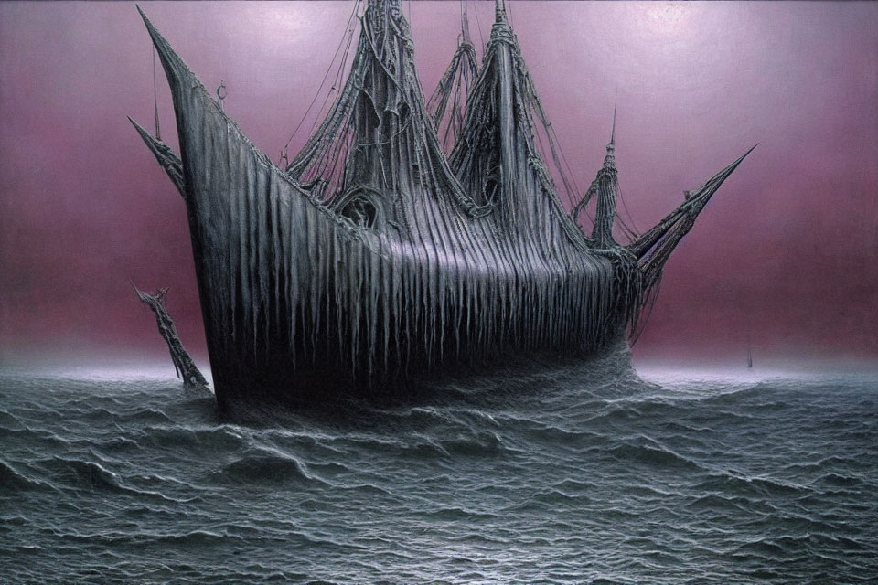 Surreal ship art with whale-like hull in twilight sea