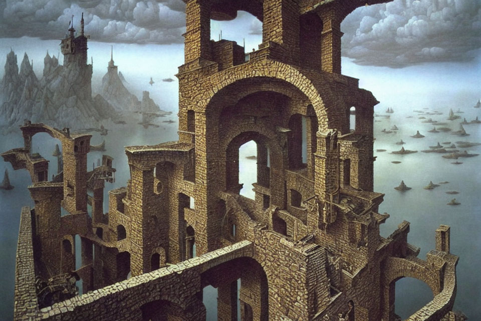 Surreal landscape featuring ruined stone tower, ships, and rocky coast