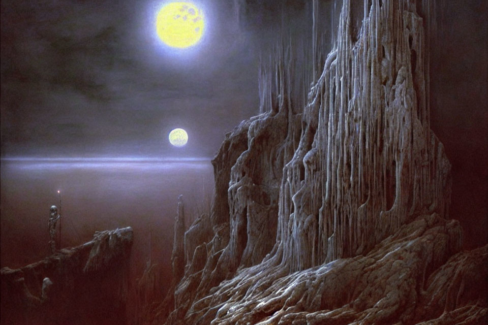 Surreal landscape with two moons, rocky cliffs, mist, and figures under night sky