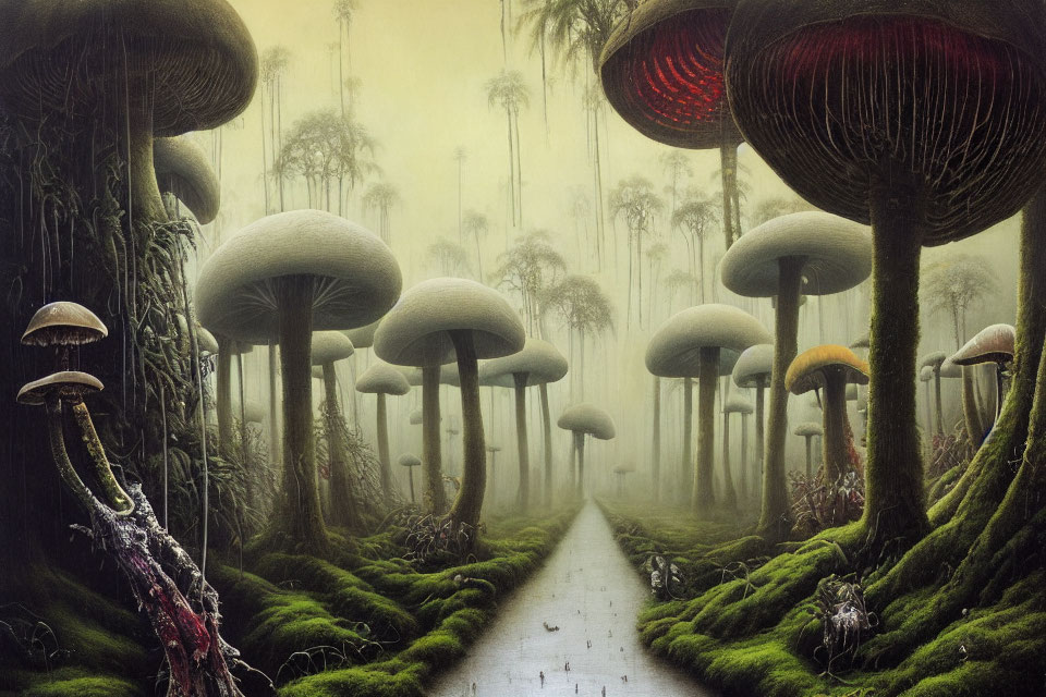 Surreal Forest with Mushroom Structures and Misty Light