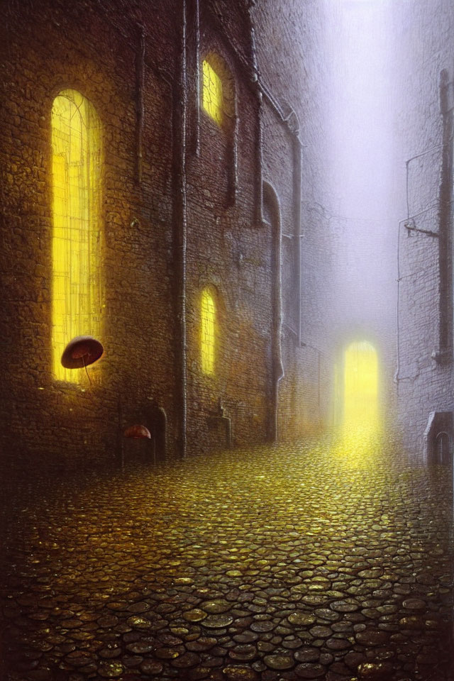 Cobblestone Alley Illuminated by Yellow Light at Night