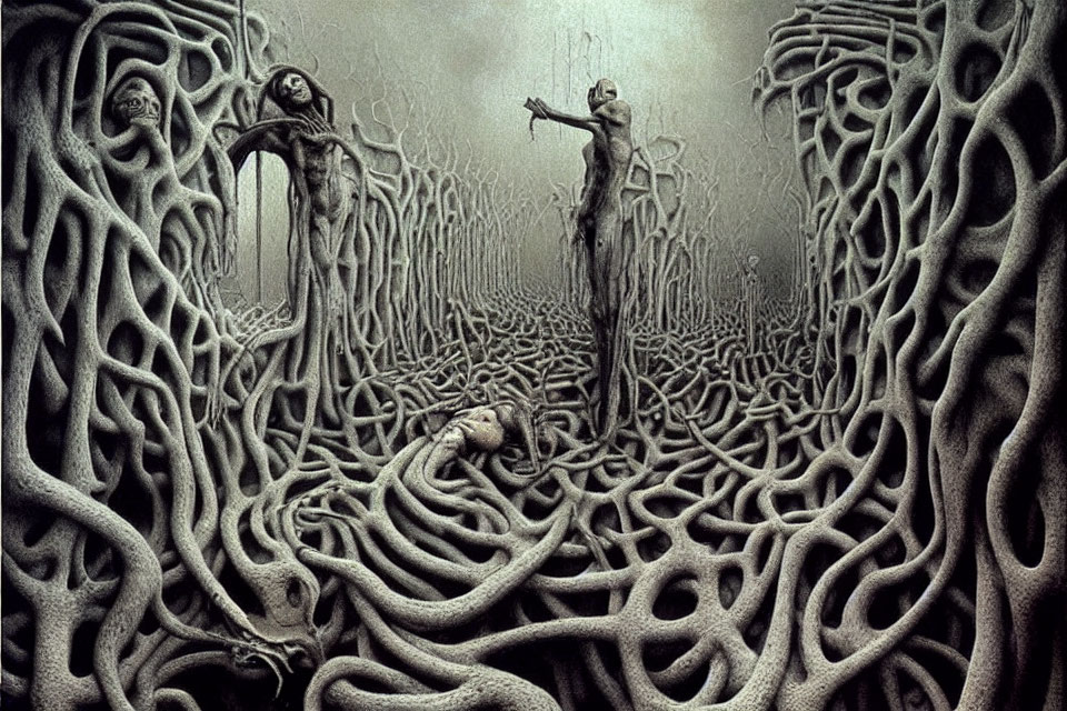 Monochromatic surreal landscape with tubular structures and humanoid figures