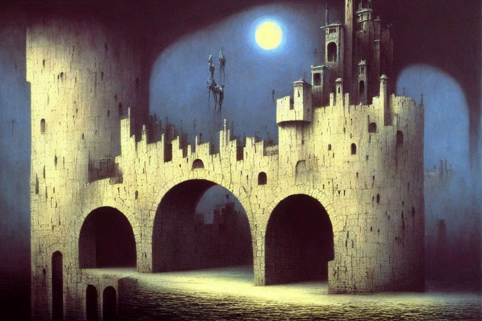 Surreal castle under moonlit night sky with figures