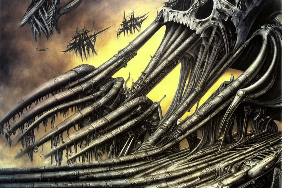 Surreal biomechanical landscape with spine-like structures and ships