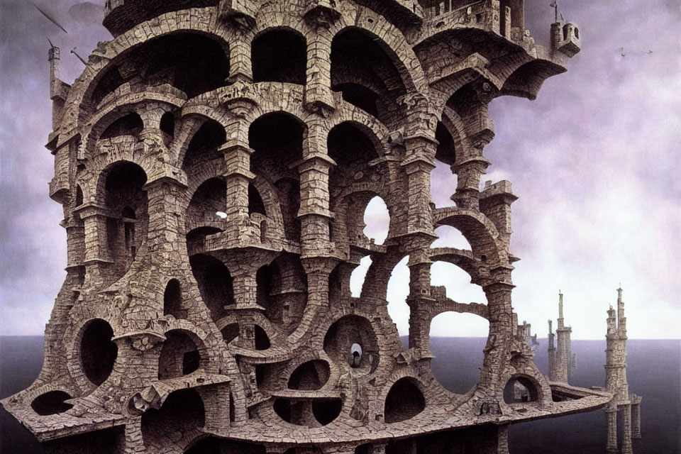 Surreal tower with arches and windows against cloudy sky