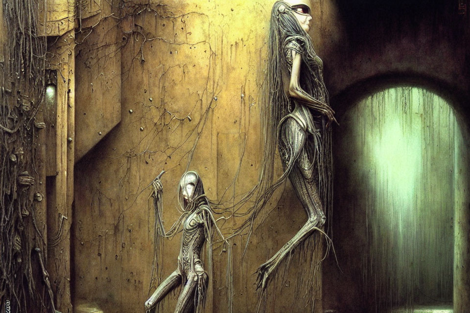 Surreal dystopian alleyway scene with slender human-like figures