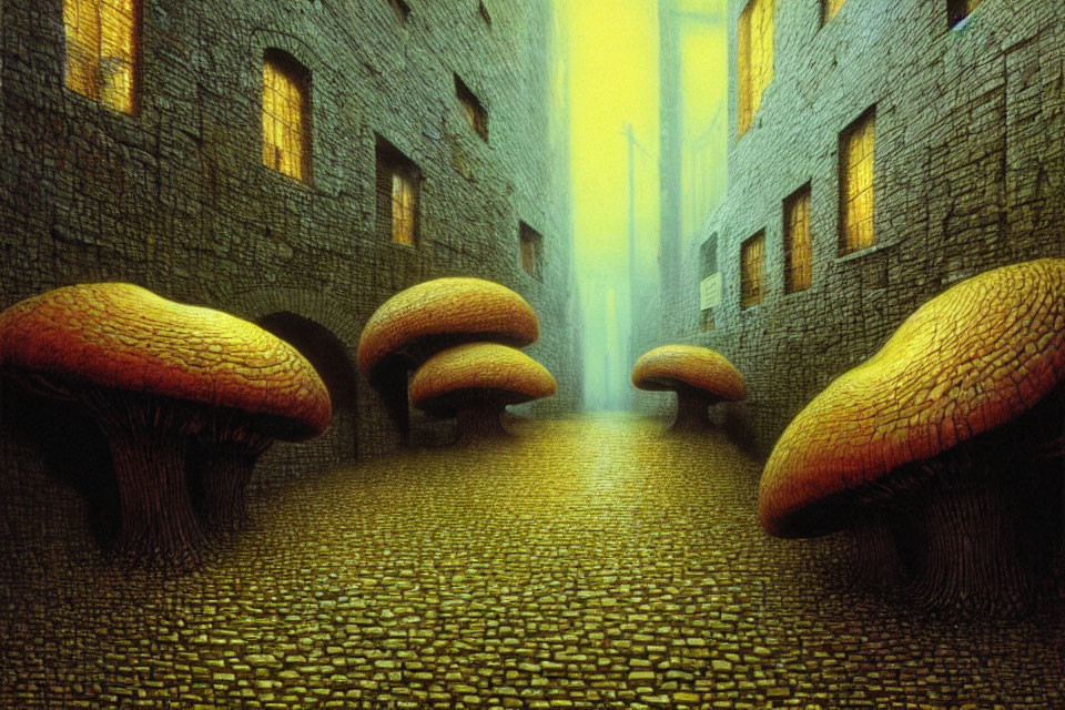 Surreal image of oversized mushrooms in foggy alley