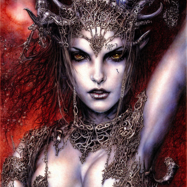 Gothic fantasy illustration of pale woman with vampiric look and elaborate headgear