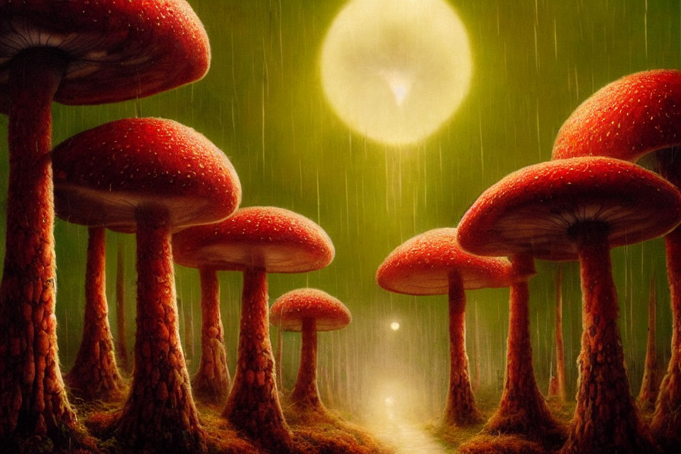 Fantasy illustration: Oversized red mushrooms under glowing moon in misty, rain-soaked landscape