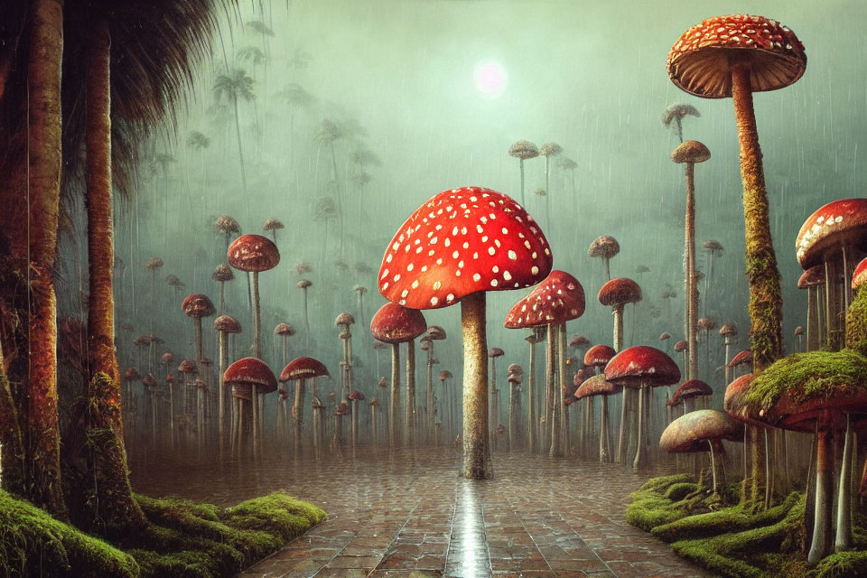 Enchanted woodland scene with oversized red-capped mushrooms