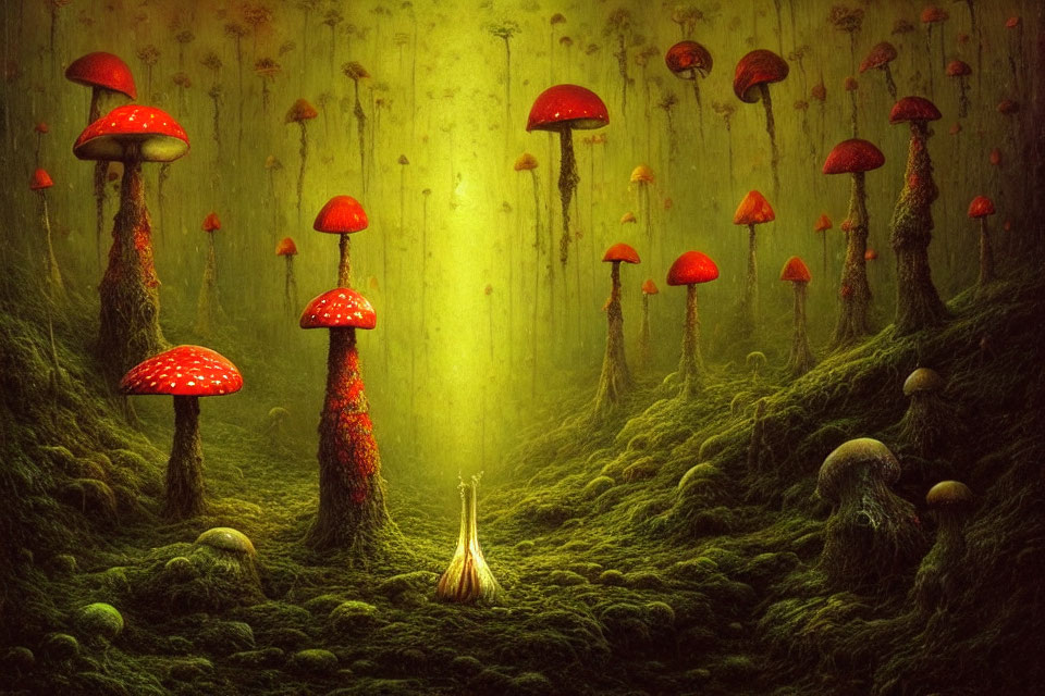 Enchanted forest with oversized red-capped mushrooms