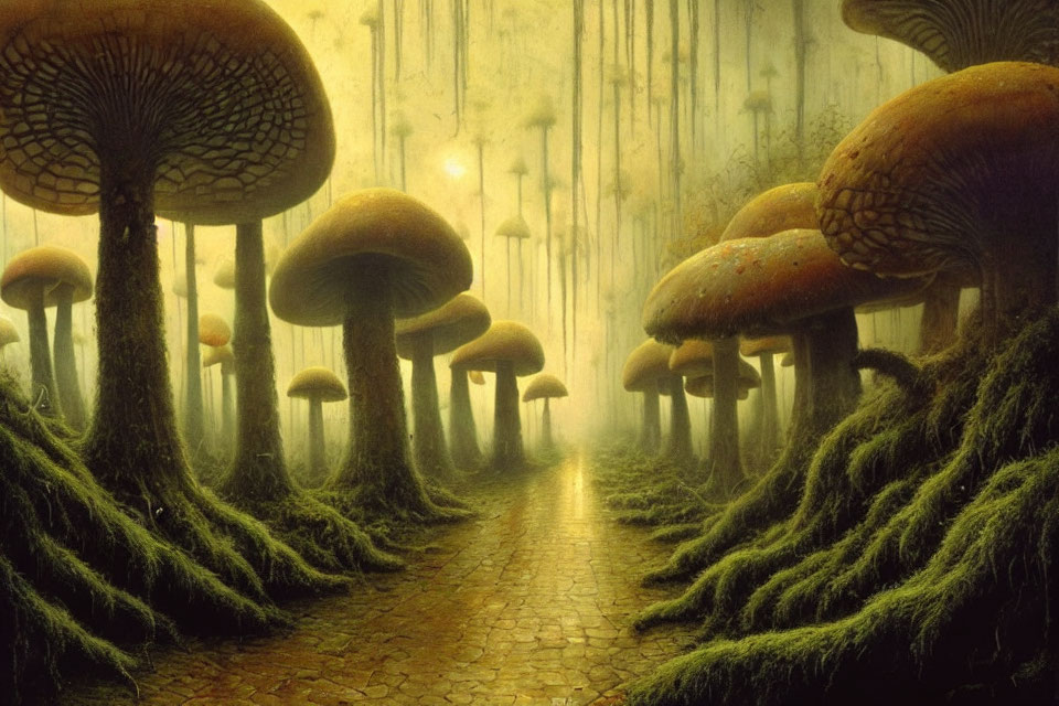 Surreal Forest Landscape with Towering Mushrooms