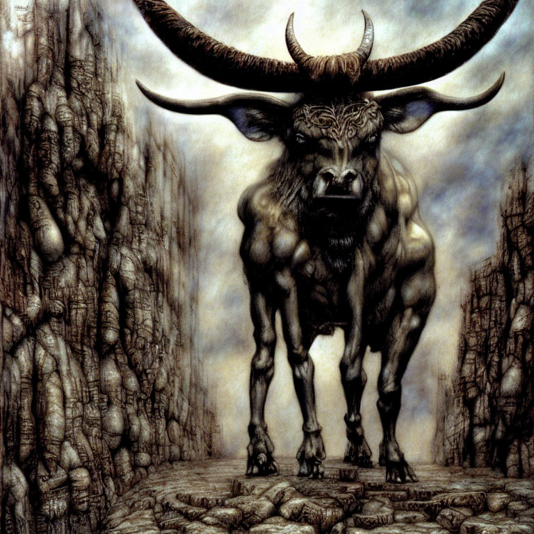 Muscular bull with large horns in desolate rocky landscape