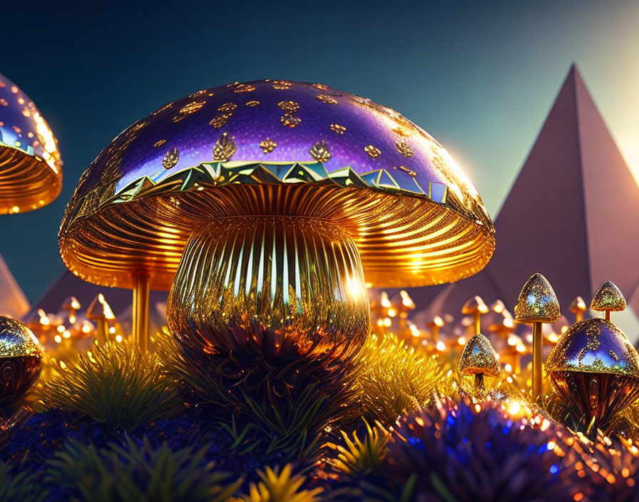 Surreal Landscape with Metallic Mushrooms and Pyramids