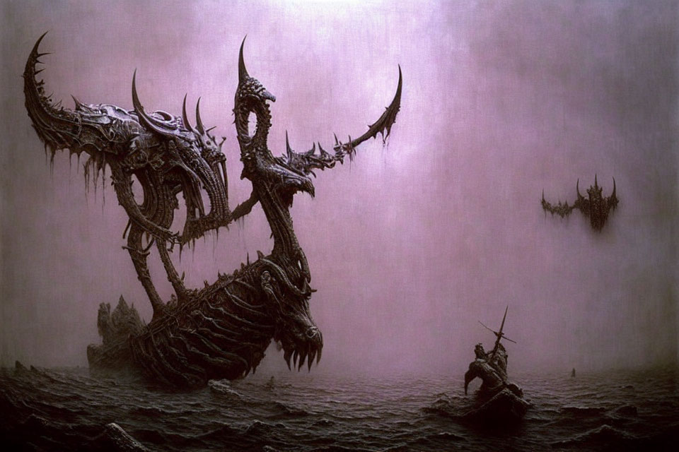 Warrior in small boat faces dark, skeletal dragon ship on misty sea