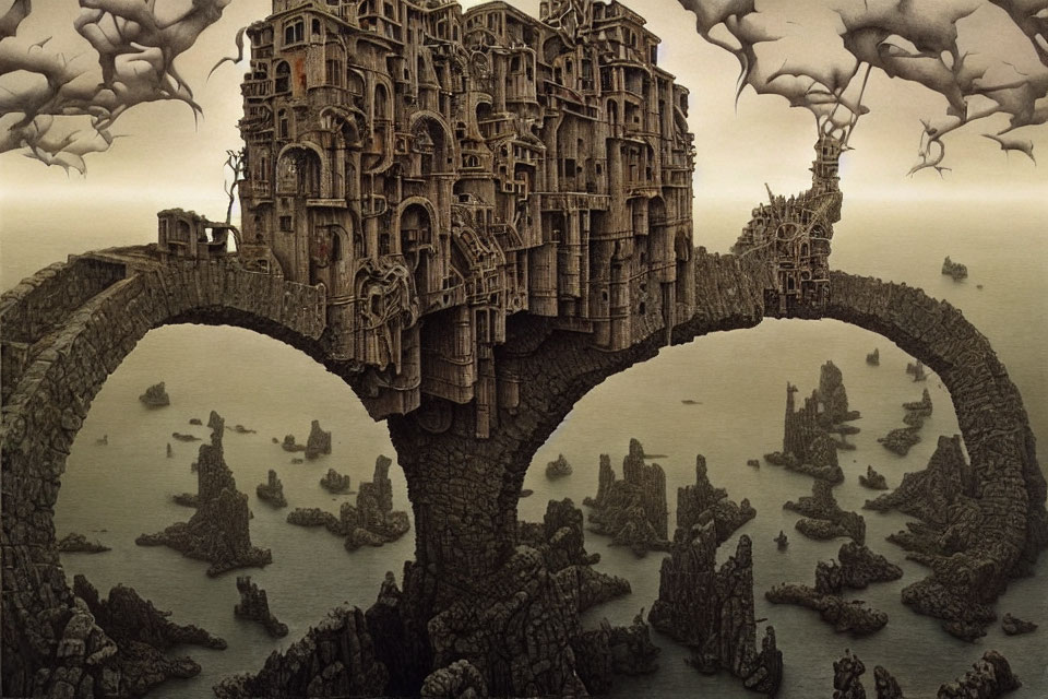 Fantastical landscape with tree-like structure and city on branches