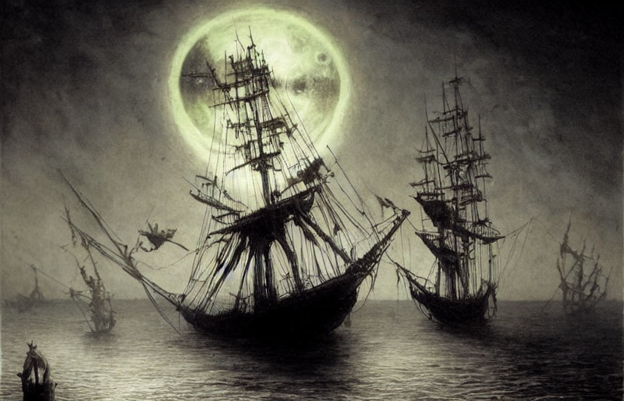 Gothic-style image: tall ships on misty sea under pale moon