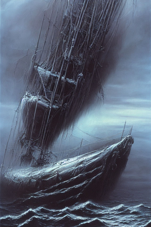 Vintage sailing ship braving stormy sea at night