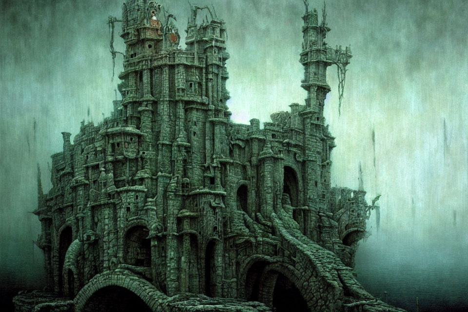 Ancient castle in heavy rain and mist: dark, atmospheric illustration