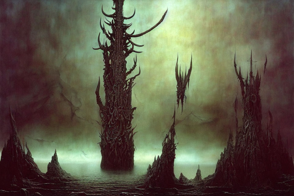 Dark Fantasy Landscape with Towering Eerie Spires in Misty Atmosphere