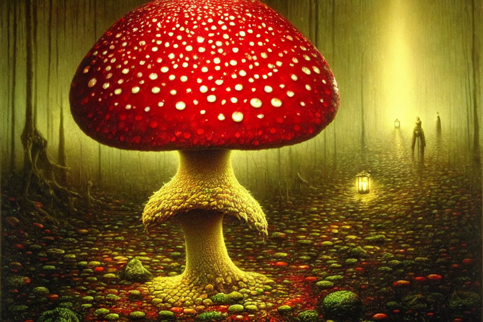 Fantasy scene: Oversized red-capped mushroom in mystical forest with glowing light and silhouet