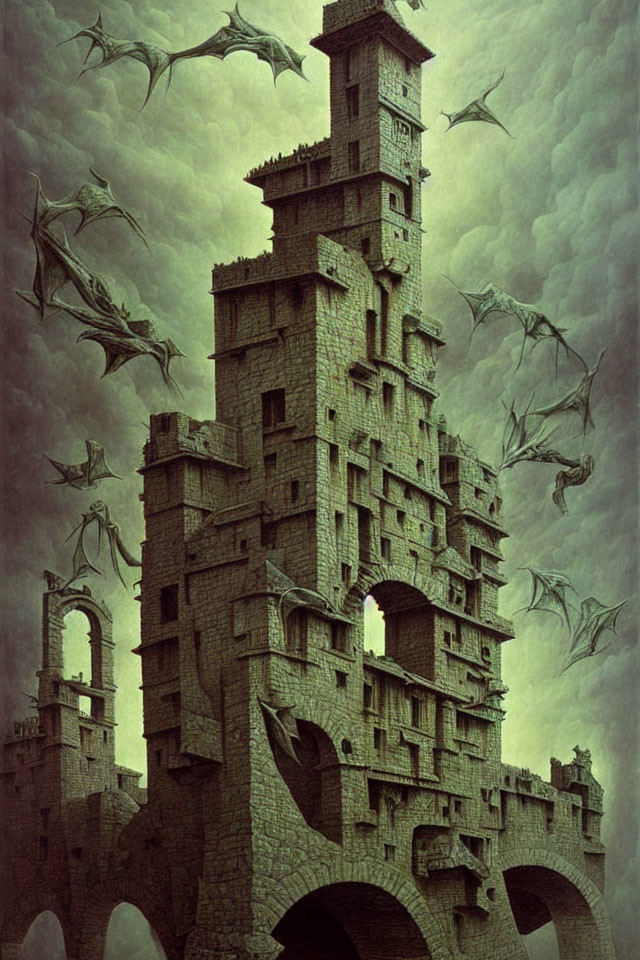 Majestic castle with arches and balconies, dragons flying in gloomy sky