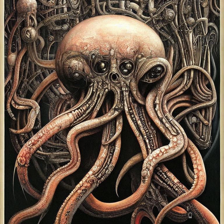 Surreal octopus with metallic domed head and mechanical parts on dark background