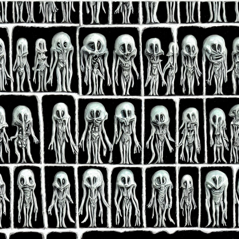 Monochrome grid of eerie alien figures with elongated heads and large eyes