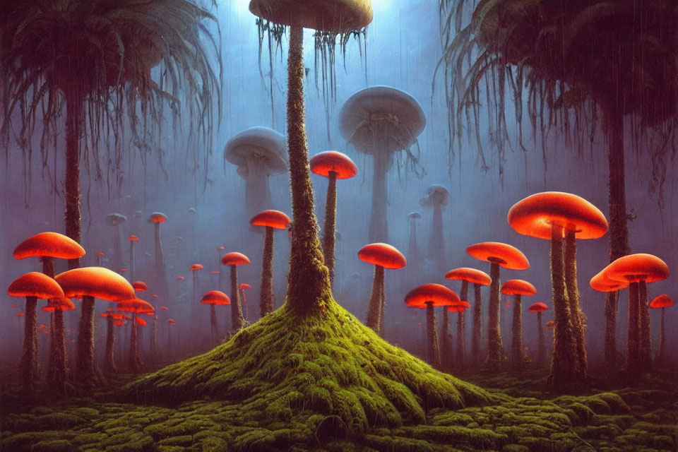 Enchanting forest with oversized glowing mushrooms and moss-covered trees