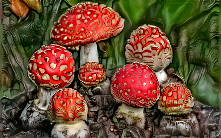 Vivid Red Mushrooms with White Spots in Dark Foliage