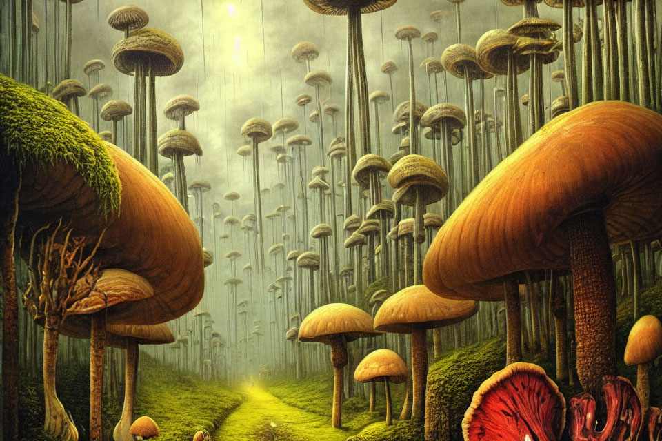 Surreal Landscape with Oversized Mushrooms and Path