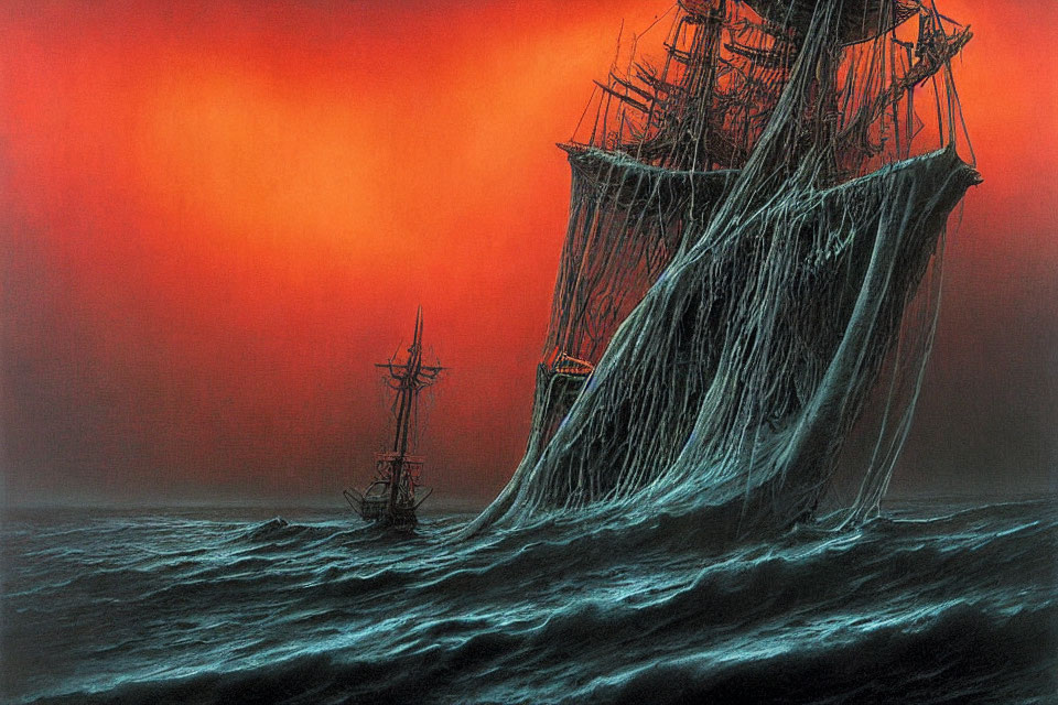 Ghostly sailing ships in misty seas under menacing red sky