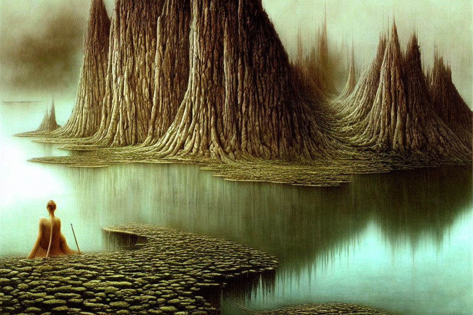 Tranquil lake scene with tree-like structures in misty ambiance