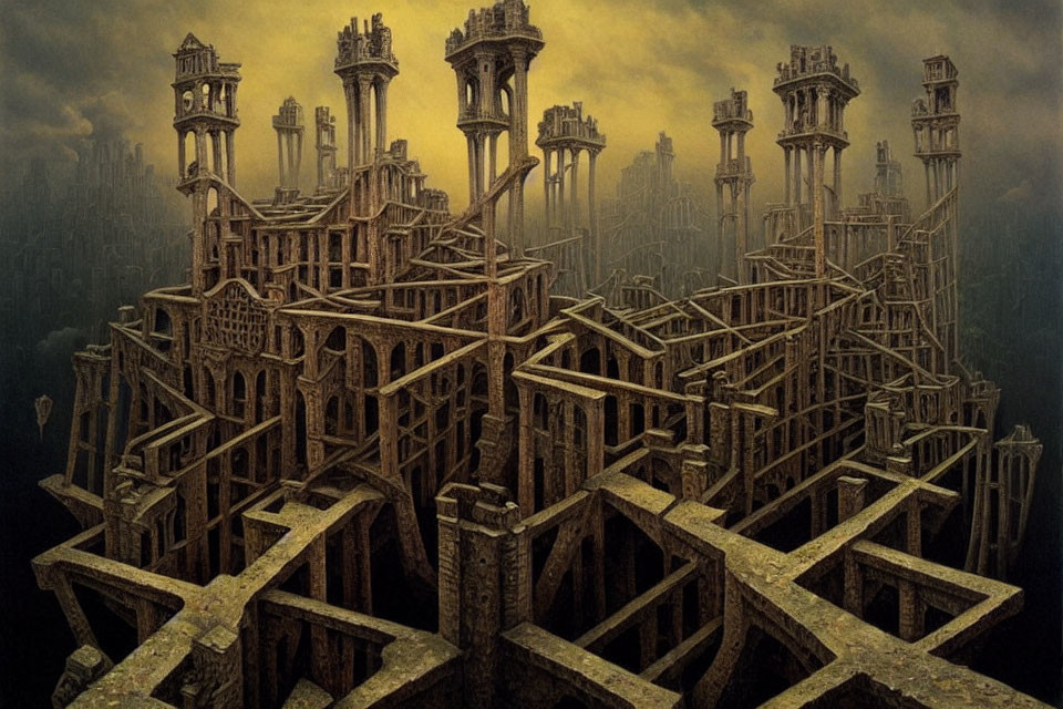 Surreal Gothic towers in interconnected landscape