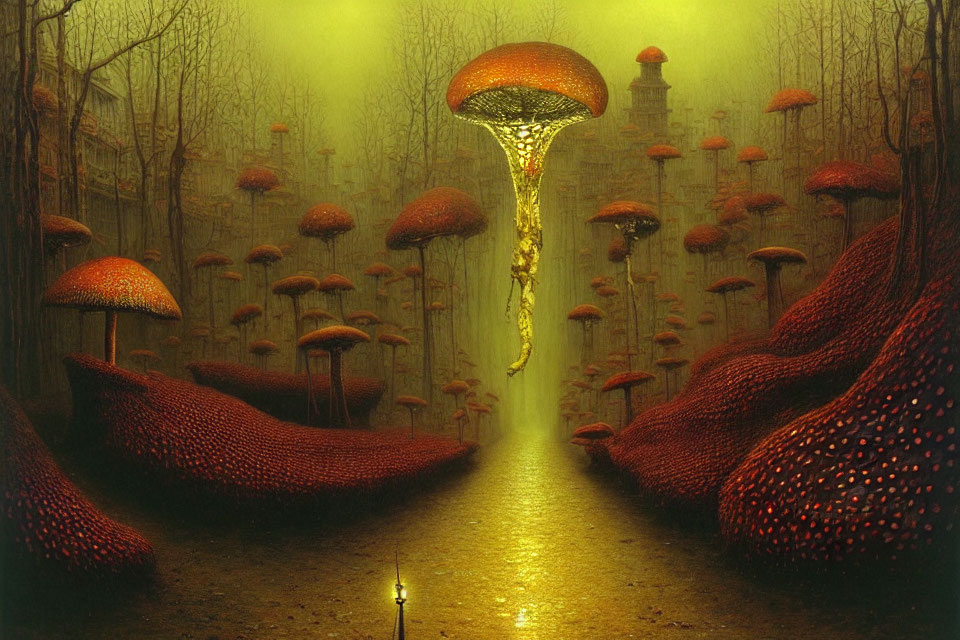 Fantastical red mushroom trees in surreal forest setting